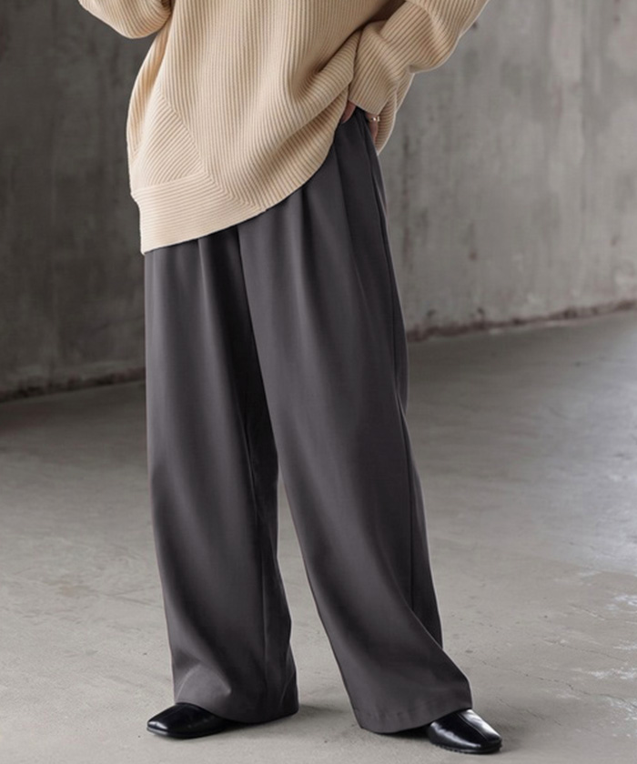 パンツ ワイドパンツ シワになりにくい レディース ボトムス ロング スラックス ロングパンツ タックパンツ ワイドパンツ ハイウエスト ウエストゴム 選べる丈 | HUG.U | 02