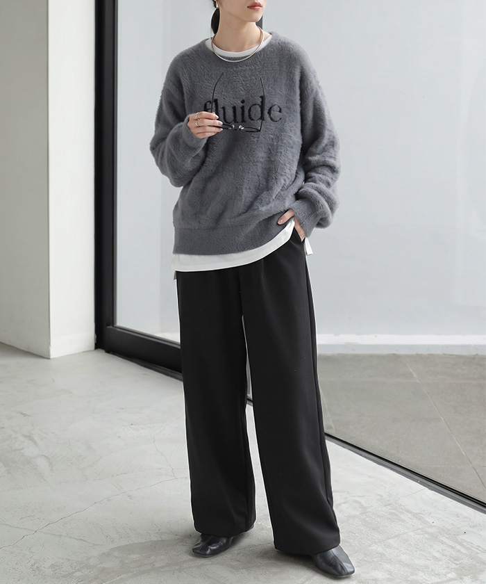 パンツ ワイド シャーリングゴム レディース ワイドパンツ ロング ボトムス スラックス ストレート ズボン ハイウエスト ウエストゴム ストレッチ | HUG.U | 03