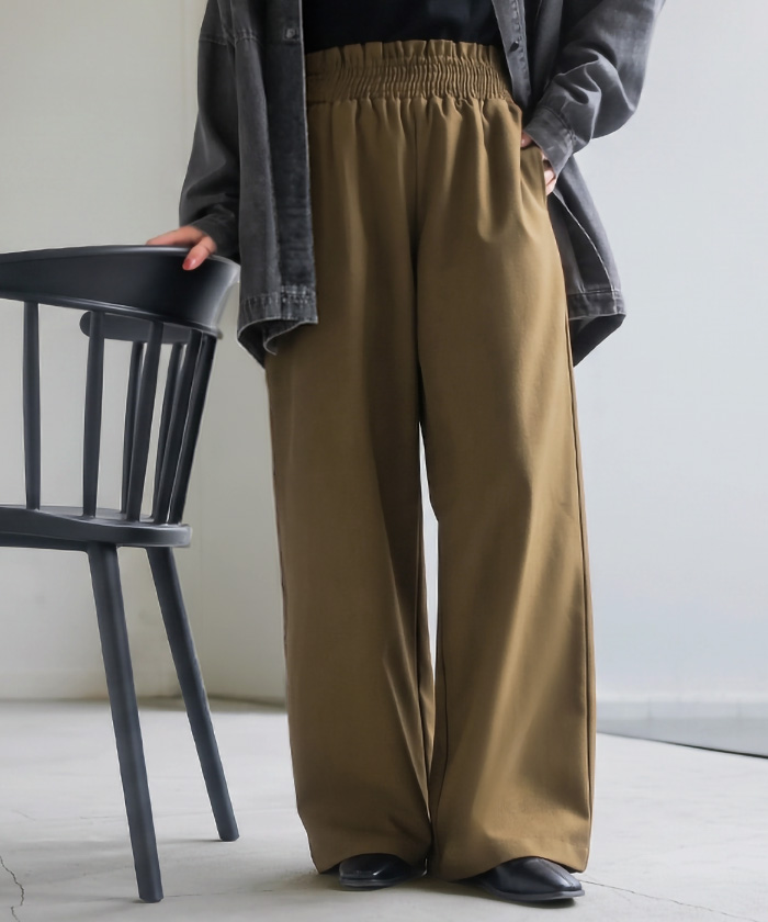 パンツ ワイド シャーリングゴム レディース ワイドパンツ ロング ボトムス スラックス ストレート ズボン ハイウエスト ウエストゴム ストレッチ | HUG.U | 01