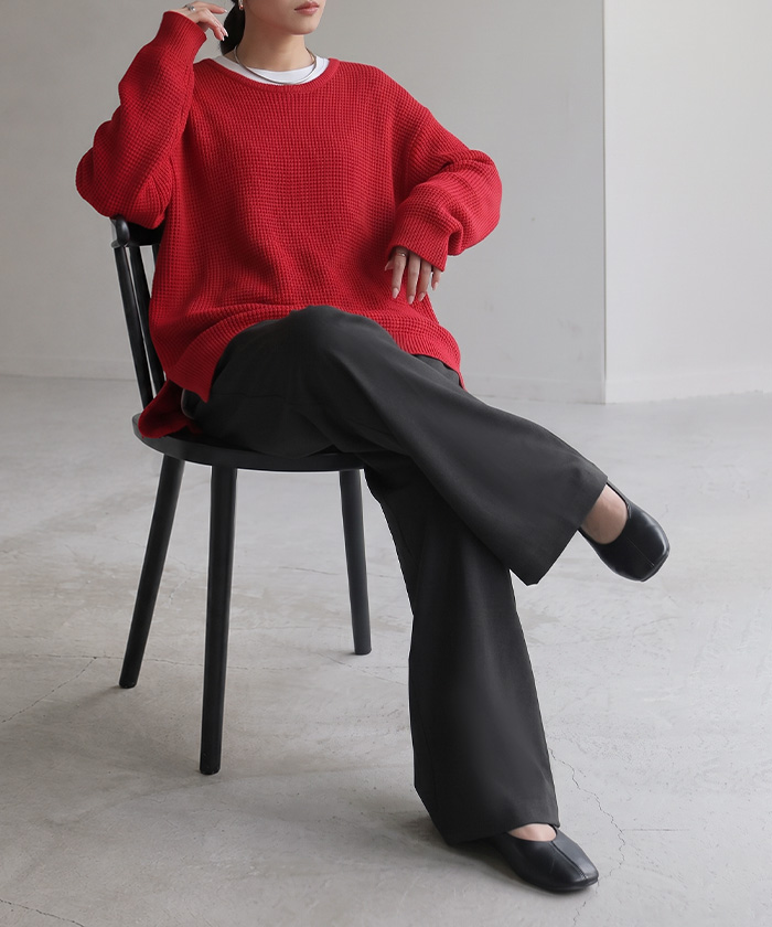 パンツ ワイド シャーリングゴム レディース ワイドパンツ ロング ボトムス スラックス ストレート ズボン ハイウエスト ウエストゴム ストレッチ | HUG.U | 02