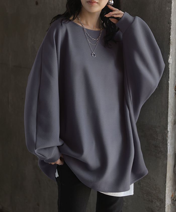 ロンT ドルマン Tシャツ トップス レディース サカリバ モモンガ プルオーバー カットソー ロング ビッグ ボートネック オーバーサイズ ストレッチ | HUG.U | 05