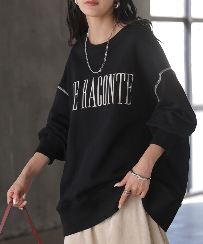 スウェット 刺繍 ロゴ 綿100 レディース トップス ロング トレーナー チュニック プルオーバー 長袖 コットン クルーネック ビッグ ステッチ | HUG.U | 06