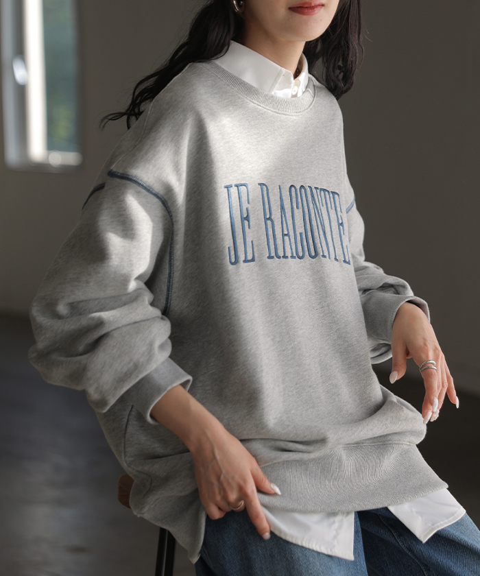 スウェット 刺繍 ロゴ 綿100 レディース トップス ロング トレーナー チュニック プルオーバー 長袖 コットン クルーネック ビッグ ステッチ | HUG.U | 04