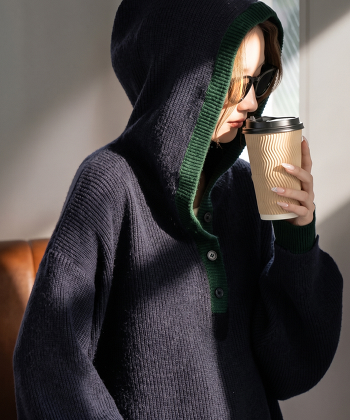 ニット スキッパー 配色 フード付き レディース トップス セーター ロング プルオーバー オーバー チュニック ビッグ パーカー Vネック リブ | HUG.U | 03