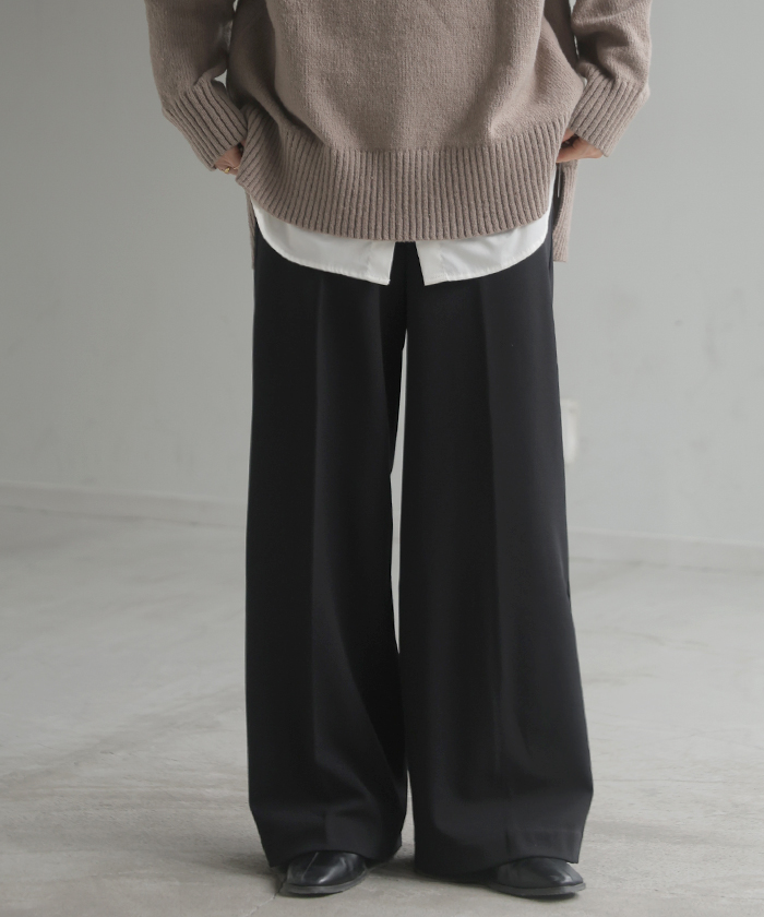 パンツ 裏起毛 ワイド レディース ワイドパンツ ボトムス ボトム シワになりにくい ストレート センタープレス ハイウエスト カットジョーゼット スラックス | HUG.U | 06