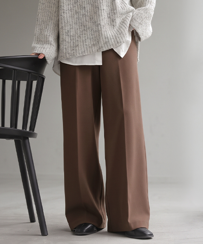 パンツ 裏起毛 ワイド レディース ワイドパンツ ボトムス ボトム シワになりにくい ストレート センタープレス ハイウエスト カットジョーゼット スラックス | HUG.U | 01