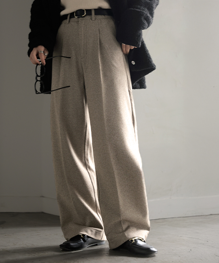 パンツ ワイド ヘリンボーン レディース ワイドパンツ ロング ロングパンツ 柄パンツ スラックス センタープレス 微起毛 ボトムス ストレート ハイウエスト | HUG.U | 01