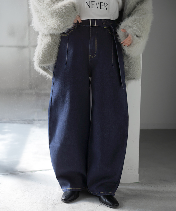 デニム パンツ バレルレッグ レディース ボトムス ワイドパンツ ジーパン デニムパンツ ベルト付き ウエストゴム ロング ロングパンツ ワイド ステッチ | HUG.U | 02