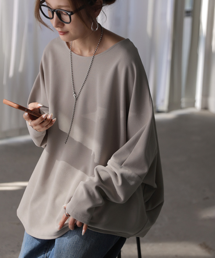 ロンT ブラウス ドルマン レディース トップス Tブラウス カットソー ロング Tシャツ 長袖 カットジョーゼット クルーネック シワになりにくい ノンアイロン | HUG.U | 02