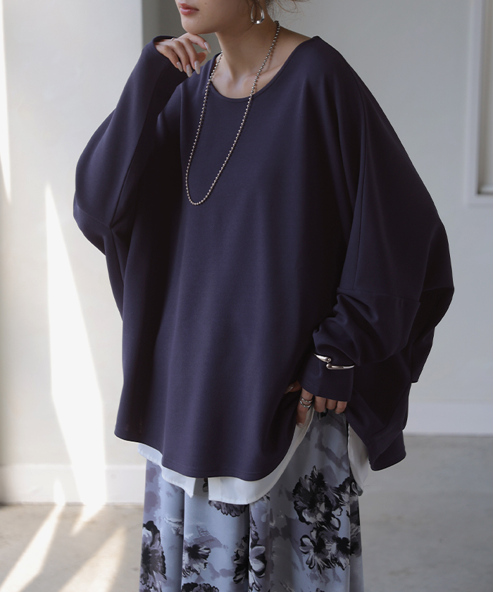 ロンT ブラウス ドルマン レディース トップス Tブラウス カットソー ロング Tシャツ 長袖 カットジョーゼット クルーネック シワになりにくい ノンアイロン | HUG.U | 03