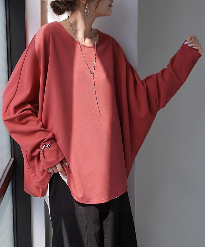 ロンT ブラウス ドルマン レディース トップス Tブラウス カットソー ロング Tシャツ 長袖 カットジョーゼット クルーネック シワになりにくい ノンアイロン | HUG.U | 04