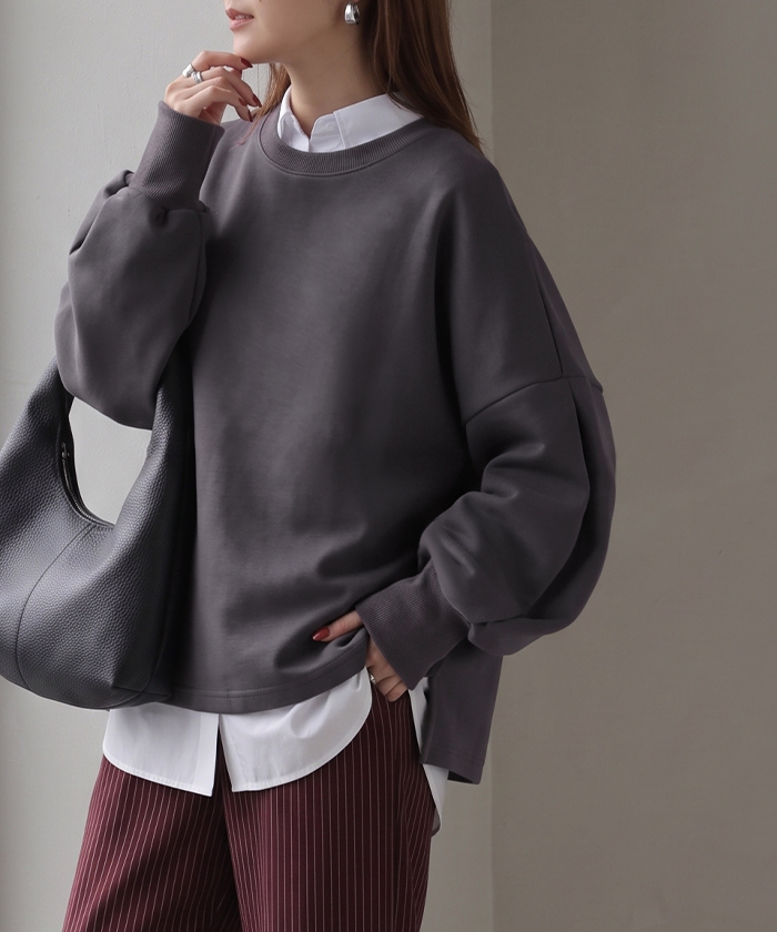 ロンT Tシャツ以上スウェット未満 ポンチ レディース トップス カットソー Tシャツ プルオーバー 長袖 無地 ショート丈 ストレッチ ボリュームスリーブ | HUG.U | 05