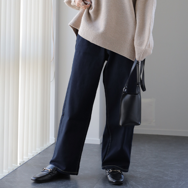 デニム 微起毛 パンツ デニムパンツ レディース ワイドパンツ ワイド 大きいサイズ ジーンズ ジーパン ボトム 体型カバー ボトムス ストレート ゆったり | HUG.U | 01