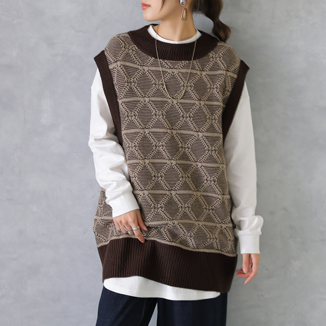 ニットベスト ジャガードニット レディース レイヤード トップス セーター 柄 | HUG.U | 02