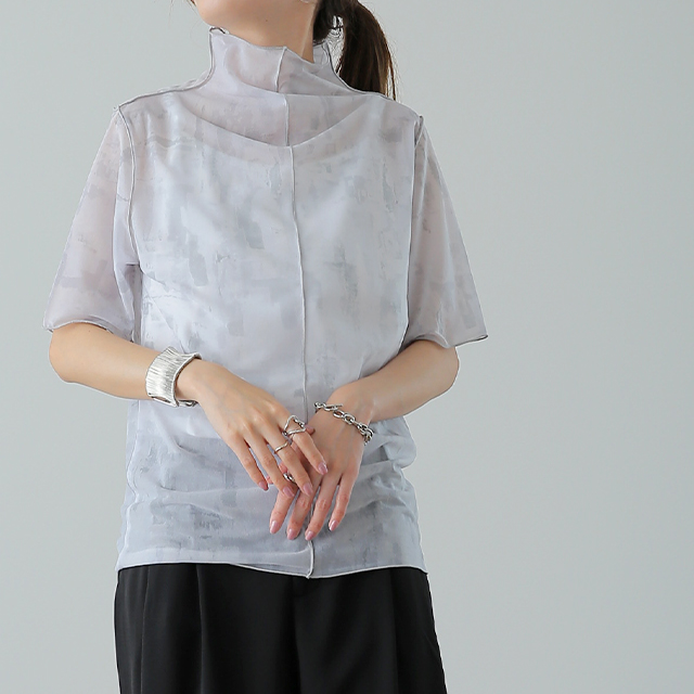 トップス レディース シアー 半袖 柄 レイヤード インナー マーブル 大理石 シースルー ハイネック タイダイ | HUG.U | 02