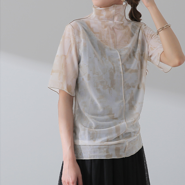 トップス レディース シアー 半袖 柄 レイヤード インナー マーブル 大理石 シースルー ハイネック タイダイ | HUG.U | 01