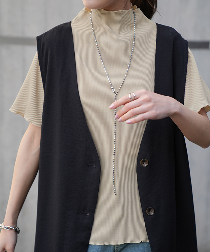 トップス レディース Tシャツ 半袖 プリーツ メロウ ハイネック ブラウス きれいめ 5分袖 二の腕カバー メロー | HUG.U | 01