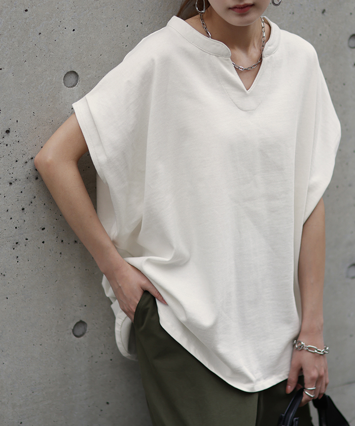 ゆったり tシャツ カットソー 半袖 トップス インナー クルーネック レディース ストレッチ 白 Tシャツ チュニック ルームウェア 体型カバー ビッグシルエット HUG.U Tシャツ レディース トップス 半袖 キーネック 綿