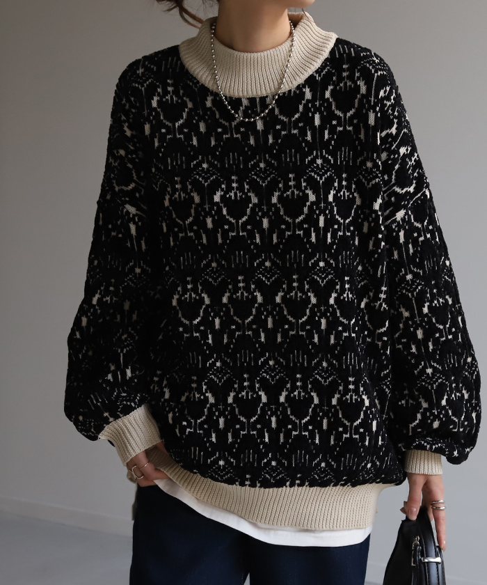 HUG.U（ハグユー） ニット ダマスク柄 セーター トップス 長袖 ライト