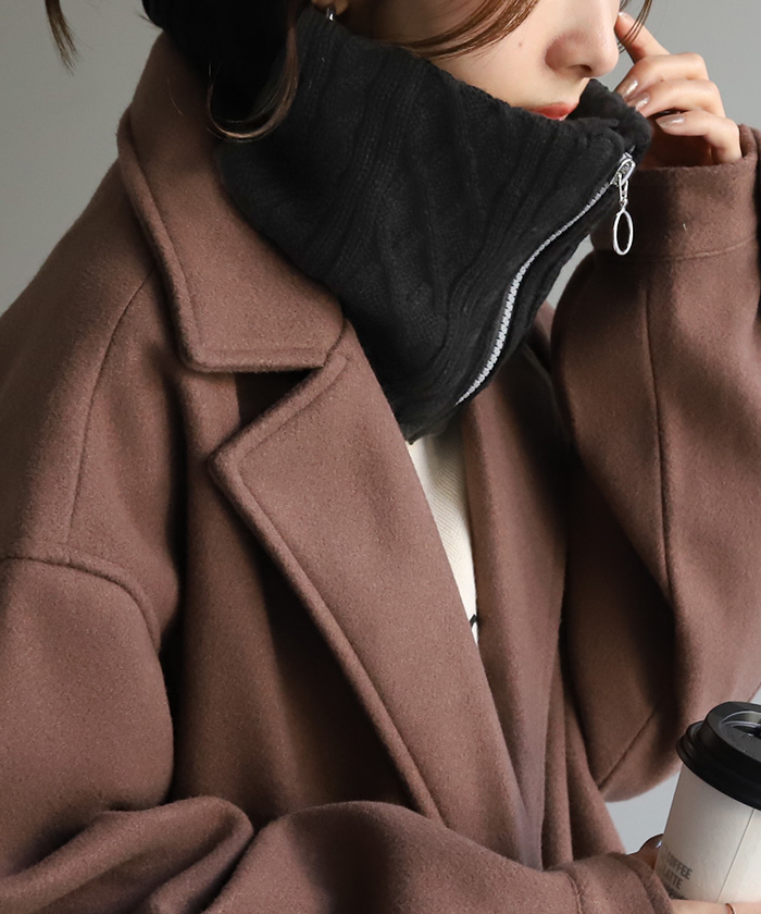 ネックウォーマー 裏起毛 ケーブルニット マフラー 厚手 レディース スヌード ボア 無地 ニット ストール 裏ボア | HUG.U | 04