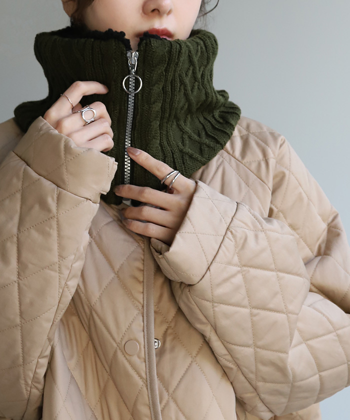 ネックウォーマー 裏起毛 ケーブルニット マフラー 厚手 レディース スヌード ボア 無地 ニット ストール 裏ボア | HUG.U | 01