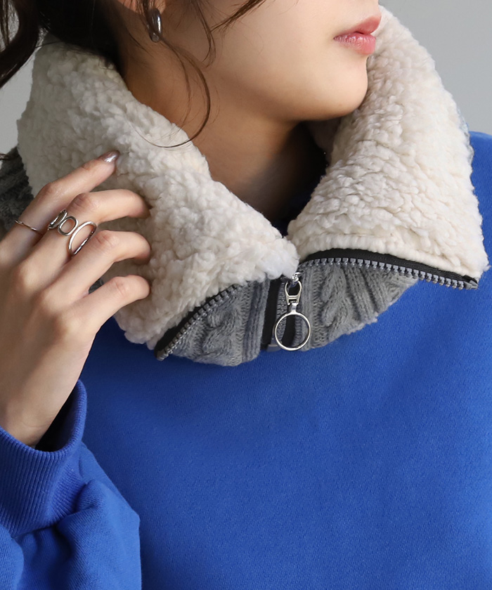 ネックウォーマー 裏起毛 ケーブルニット マフラー 厚手 レディース スヌード ボア 無地 ニット ストール 裏ボア | HUG.U | 02
