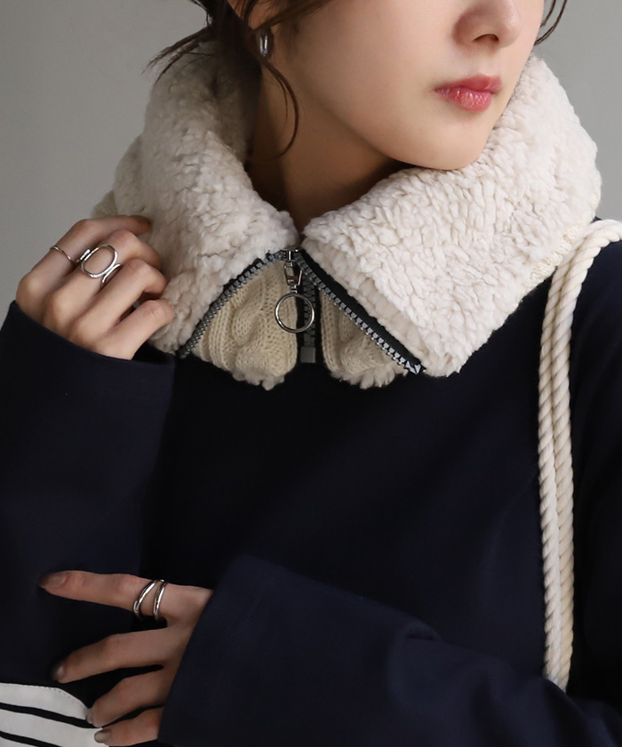 ネックウォーマー 裏起毛 ケーブルニット マフラー 厚手 レディース スヌード ボア 無地 ニット ストール 裏ボア | HUG.U | 03