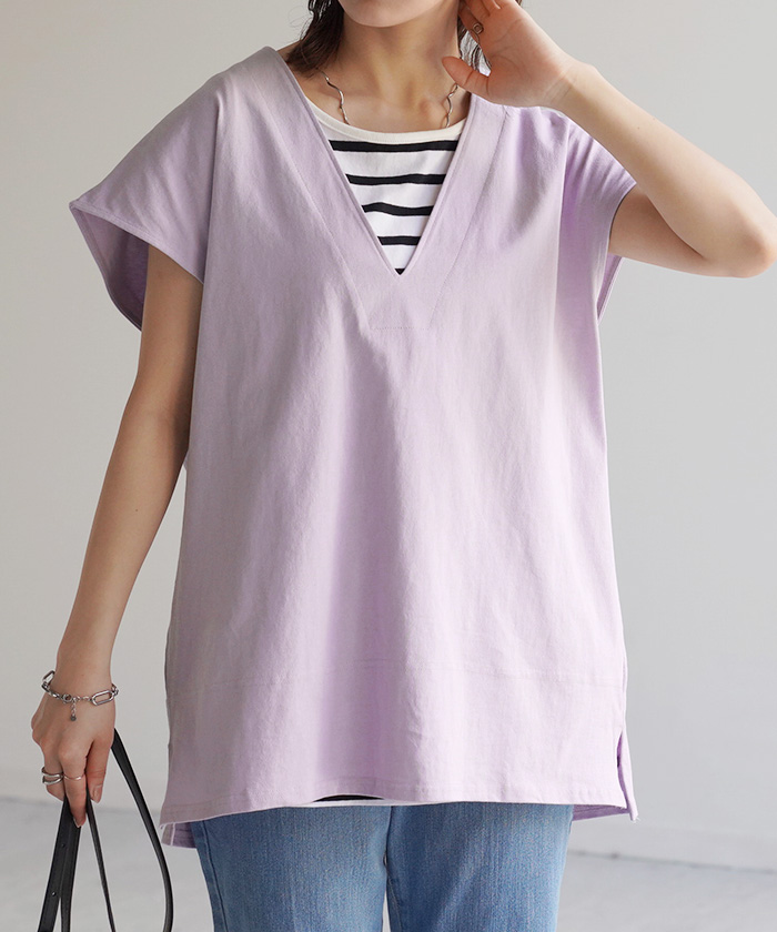 Tシャツ カットソー レディース 深Vネック 厚手 ベスト トップス 二の腕カバー きれいめ レイヤード | HUG.U | 03
