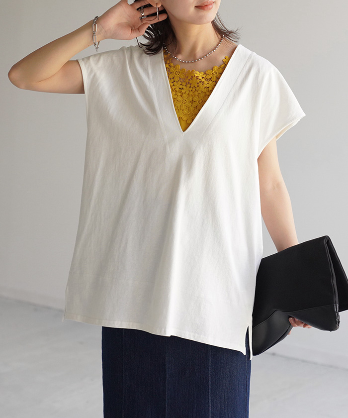Tシャツ カットソー レディース 深Vネック 厚手 ベスト トップス 二の腕カバー きれいめ レイヤード | HUG.U | 04