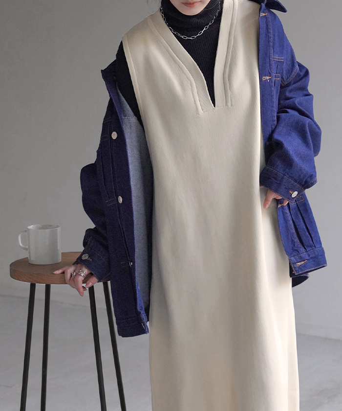 トップス ワンピース ニット ロング レディース ニットワンピース ロングワンピース 重ね着 レイヤード | HUG.U | 01