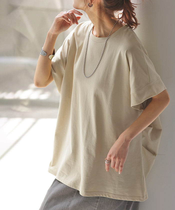 Tシャツ 接触冷感 トップス 涼しい 薄手 チュニック ロング レディース タック カットソー Uネック ティーシャツ | HUG.U | 02