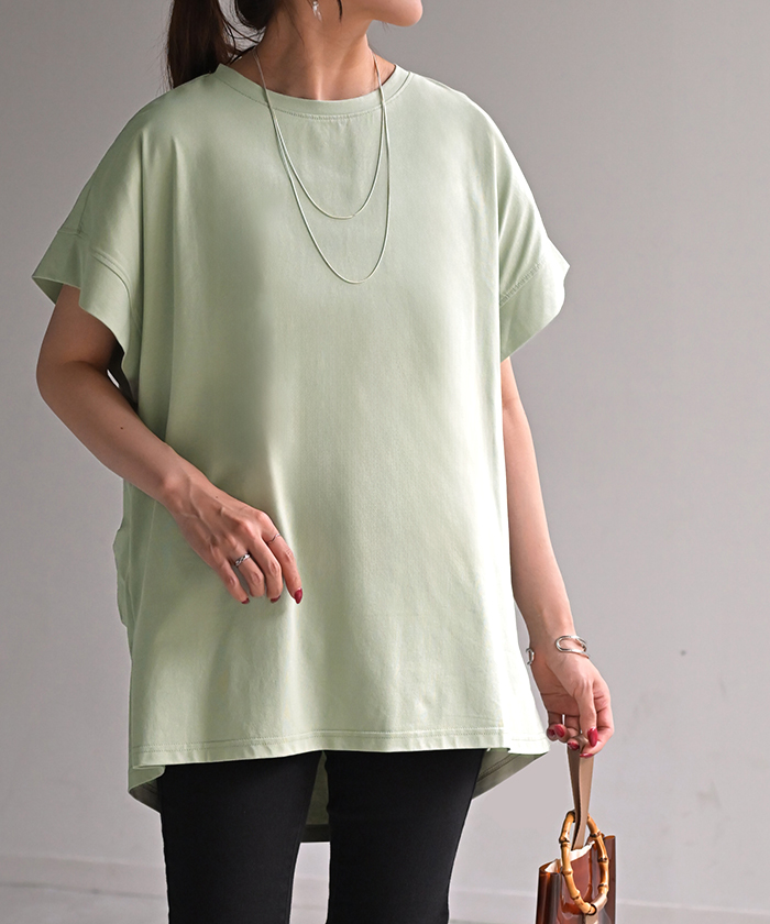 Tシャツ 接触冷感 トップス 涼しい 薄手 チュニック ロング レディース タック カットソー Uネック ティーシャツ | HUG.U | 04