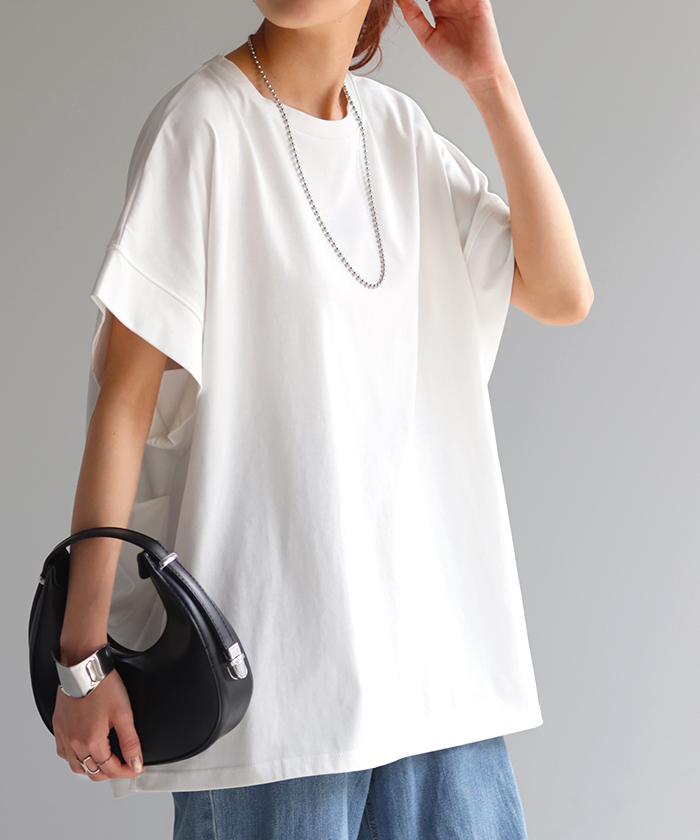 Tシャツ 接触冷感 トップス 涼しい 薄手 チュニック ロング レディース タック カットソー Uネック ティーシャツ | HUG.U | 01