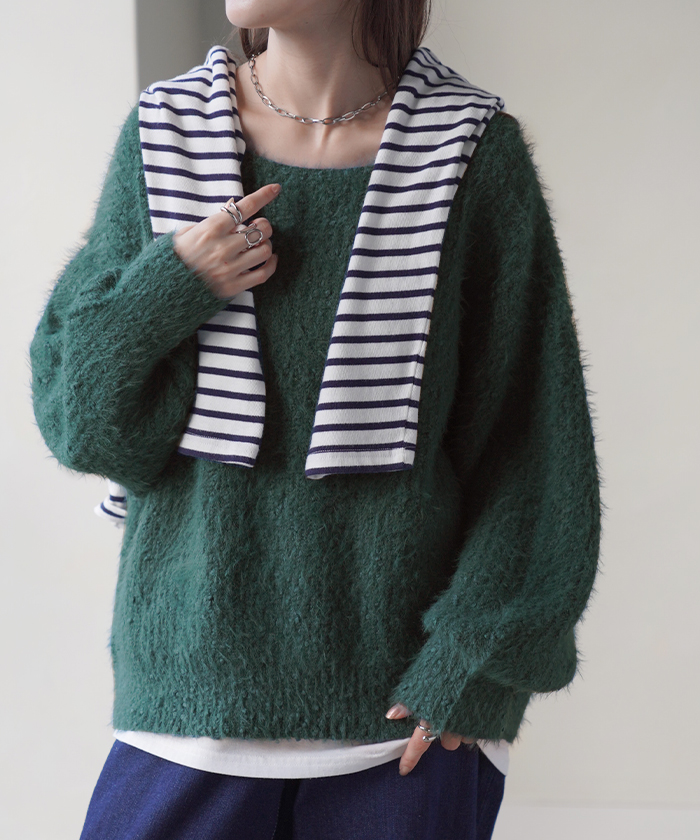 ニット シャギー ロング レディース トップス セーター 無地 長袖 Uネック チクチクしない チュニック 綿 混 ドルマン 長い モヘア ドロップショルダー | HUG.U | 02