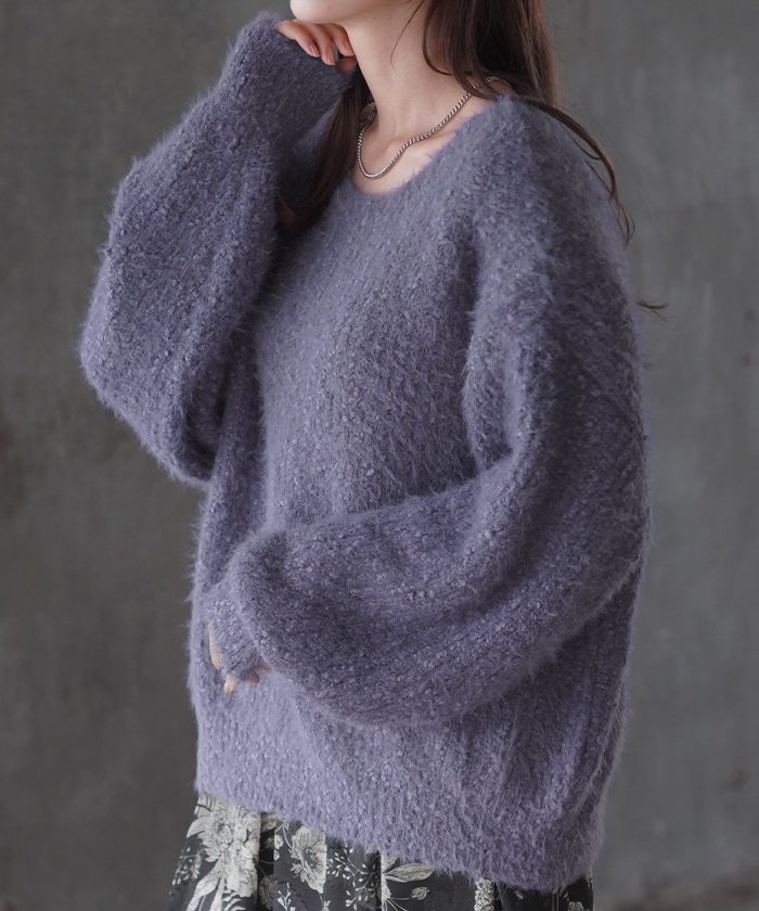 ニット シャギー ロング レディース トップス セーター 無地 長袖 Uネック チクチクしない チュニック 綿 混 ドルマン 長い モヘア ドロップショルダー | HUG.U | 04