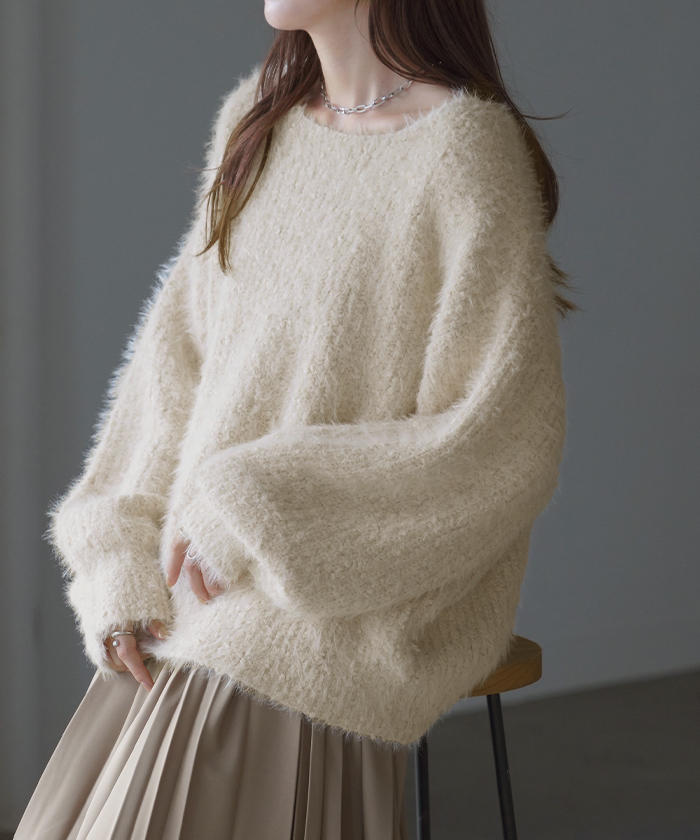 ニット シャギー ロング レディース トップス セーター 無地 長袖 Uネック チクチクしない チュニック 綿 混 ドルマン 長い モヘア ドロップショルダー | HUG.U | 01