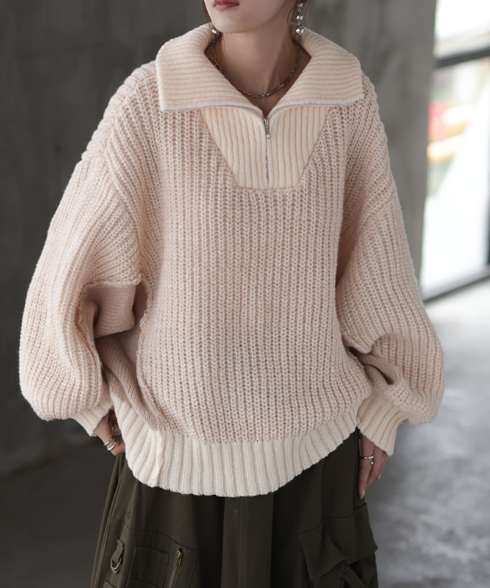 ニット ハーフジップ ハイネック レディース トップス ローゲージ リブ リブニット ボリュームスリーブ 配色 切り替え Vネック プルオーバー 二の腕カバー | HUG.U | 01