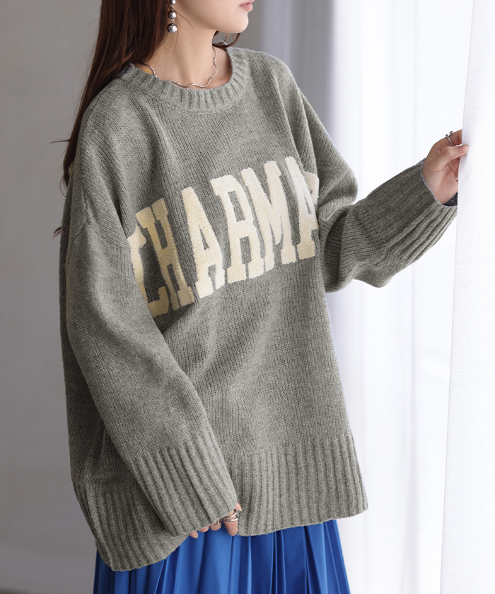 HUG.U（ハグユー） ニット ロゴ 刺繍 チュニック ロング トップス