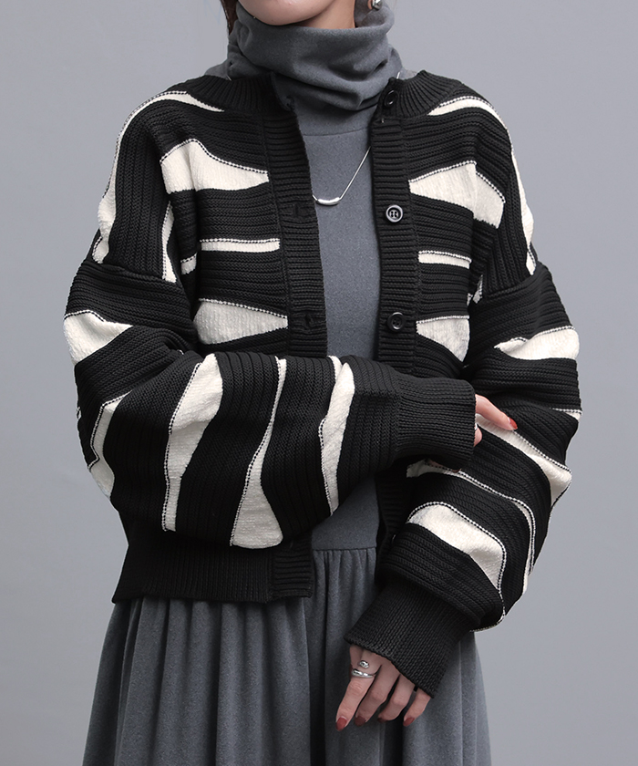 カーディガン ニット トップス レディース セーター カーデ 羽織 総柄 異素材 配色 ボーダー Uネック リブ | HUG.U | 03