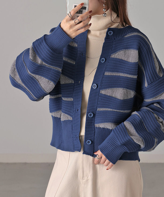 カーディガン ニット トップス レディース セーター カーデ 羽織 総柄 異素材 配色 ボーダー Uネック リブ | HUG.U | 02