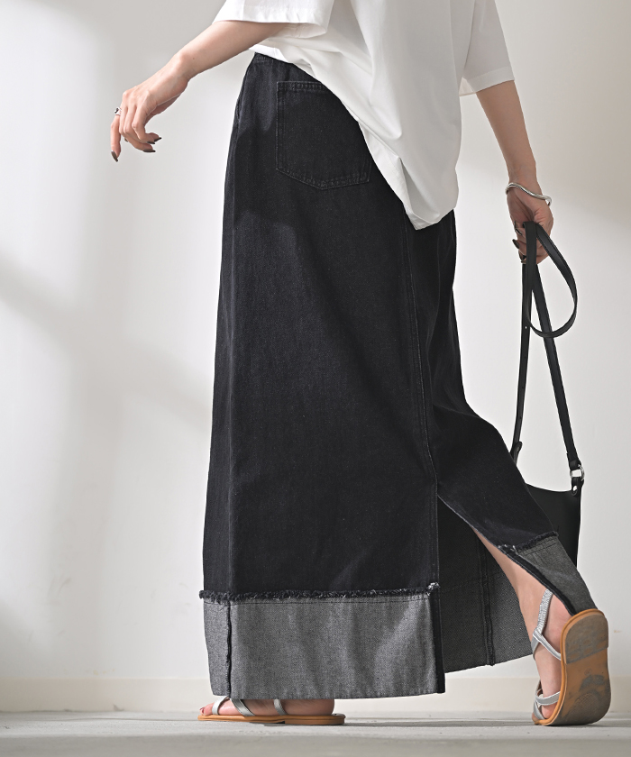 スカート デニム ロング レディース ボトムス デニムスカート ロングスカート Aライン ロールアップ ハイウエスト ゴムウエスト ゴム フレア | HUG.U | 03