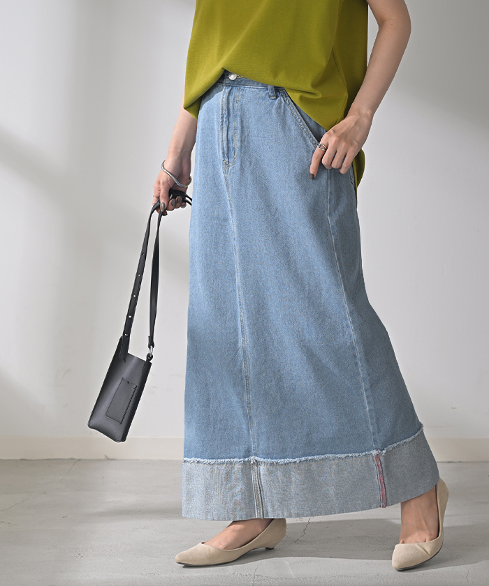 スカート デニム ロング レディース ボトムス デニムスカート ロングスカート Aライン ロールアップ ハイウエスト ゴムウエスト ゴム フレア | HUG.U | 01