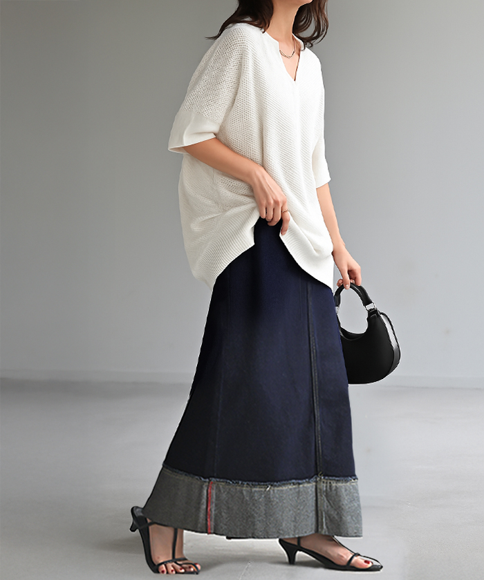 スカート デニム ロング レディース ボトムス デニムスカート ロングスカート Aライン ロールアップ ハイウエスト ゴムウエスト ゴム フレア | HUG.U | 02