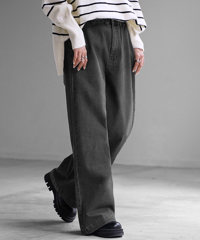パンツ デニム スウェット ストレッチ レディース ボトムス ボトム ジーンズ ジーパン 無地 ハイライズ バギー ワイド ストレート ウエストゴム 軽い 軽量 | HUG.U | 03