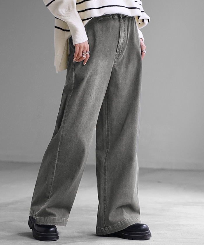 パンツ デニム スウェット ストレッチ レディース ボトムス ボトム ジーンズ ジーパン 無地 ハイライズ バギー ワイド ストレート ウエストゴム 軽い 軽量 | HUG.U | 02