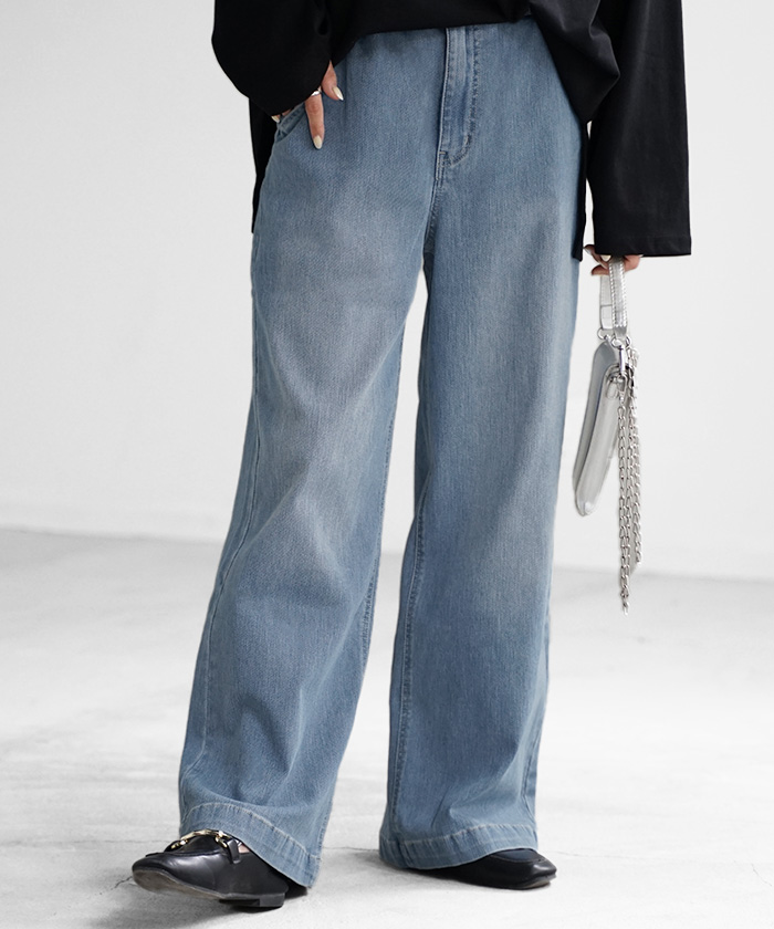 パンツ デニム スウェット ストレッチ レディース ボトムス ボトム ジーンズ ジーパン 無地 ハイライズ バギー ワイド ストレート ウエストゴム 軽い 軽量 | HUG.U | 01