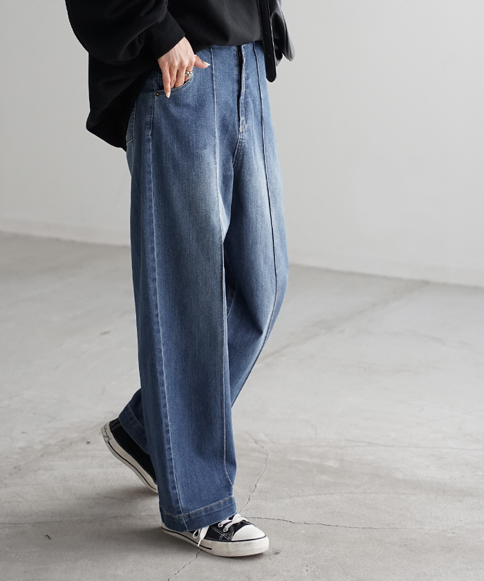 パンツ デニム ワイドパンツ ストレッチ レディース ボトムス ボトム ジーンズ ジーパン 無地 ハイライズ テーパード ウエストゴム | HUG.U | 02