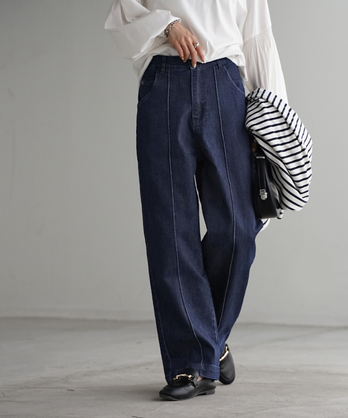 パンツ デニム ワイドパンツ ストレッチ レディース ボトムス ボトム ジーンズ ジーパン 無地 ハイライズ テーパード ウエストゴム | HUG.U | 03