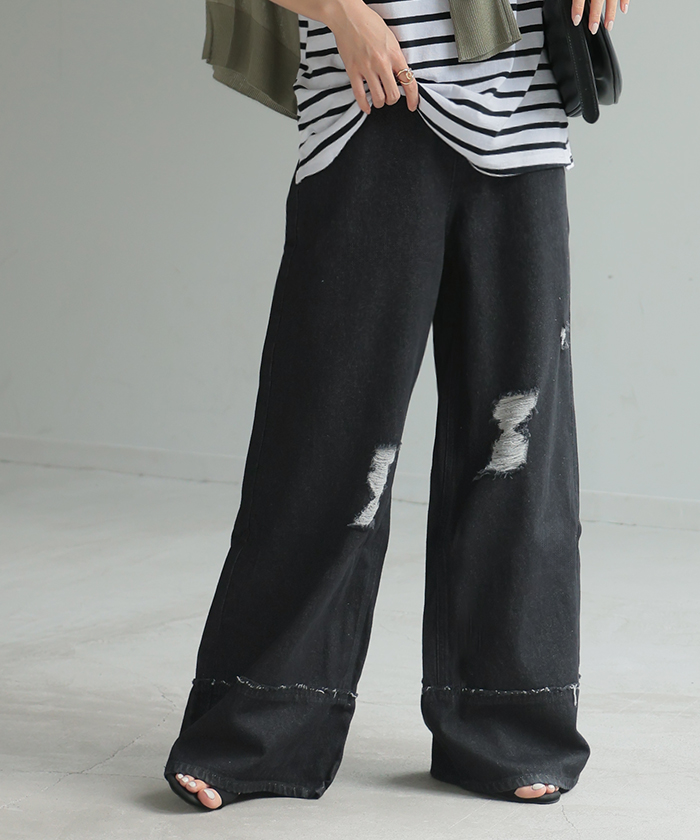 デニム パンツ ワイド 綿100％ レディース ボトムス ダメージ 加工 ハイウエスト クラッシュ デニムパンツ | HUG.U | 04