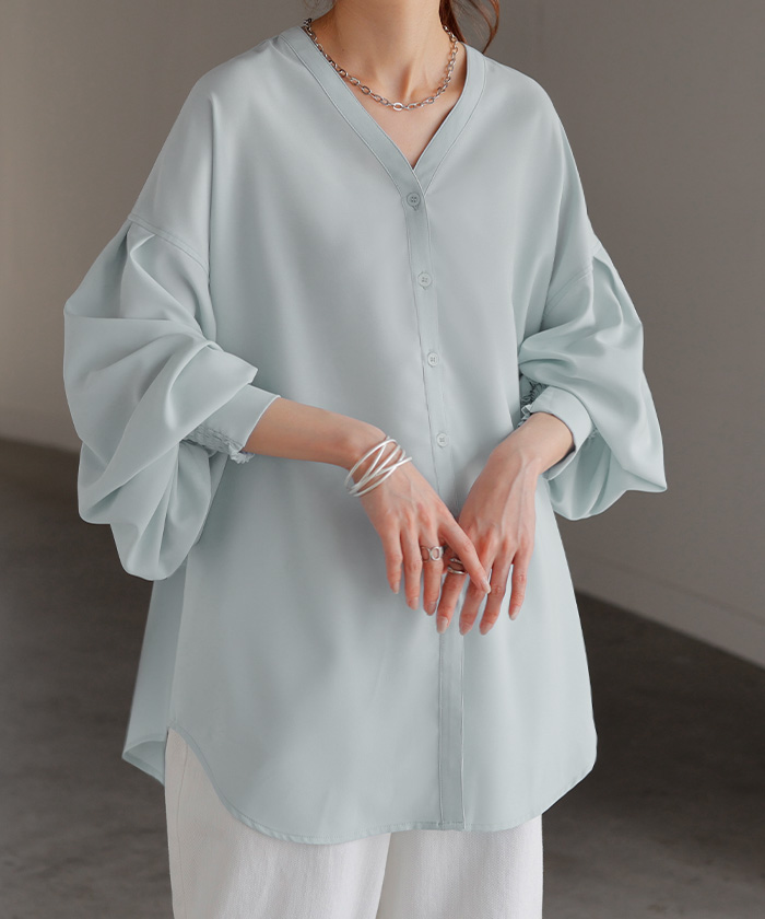 シャツ ぽわん袖 レディース トップス ブラウス ロング ロングシャツ チュニック 長袖 薄手 無地 羽織 ライトアウター Vネック レイヤード ドルマン きれいめ | HUG.U | 02
